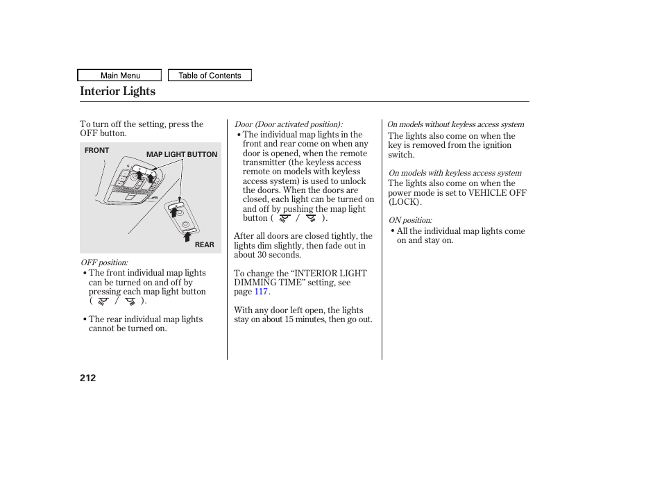 Interior lights | Acura 2011 TL User Manual | Page 215 / 614