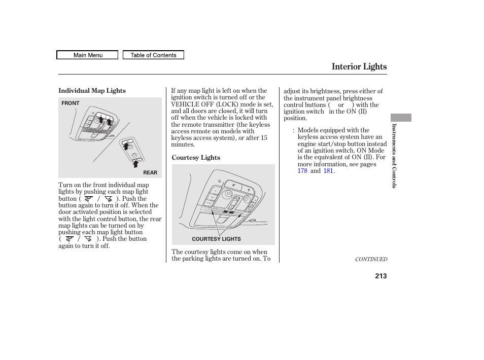 Interior lights, 2011 tl | Acura 2011 TL User Manual | Page 216 / 614