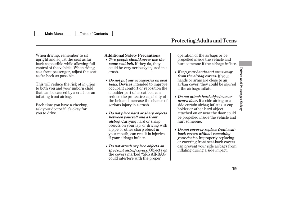 Protecting adults and teens | Acura 2011 TL User Manual | Page 22 / 614