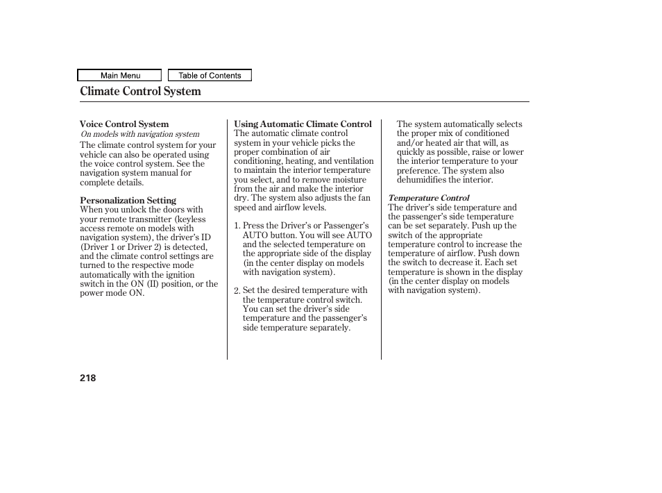 Climate control system | Acura 2011 TL User Manual | Page 221 / 614