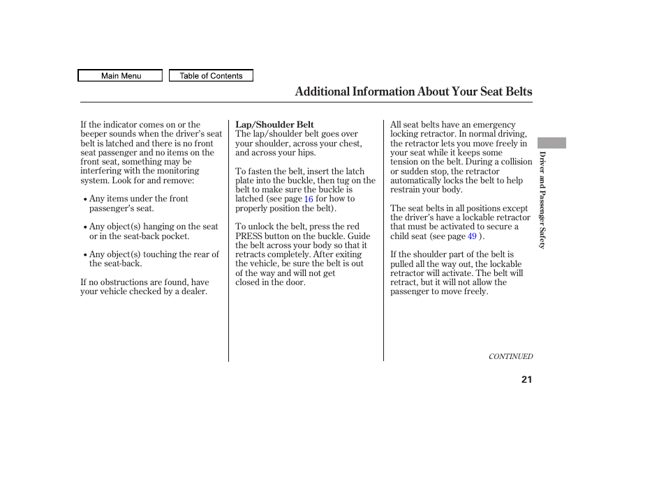 Additional information about your seat belts | Acura 2011 TL User Manual | Page 24 / 614