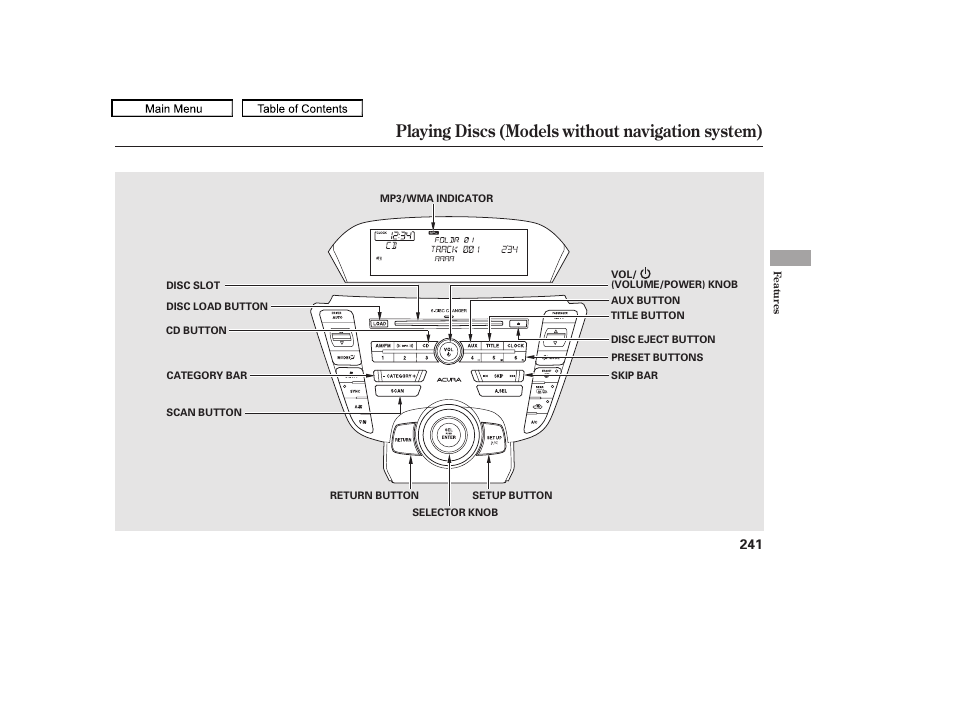 Playing discs (models without navigation system), 2011 tl | Acura 2011 TL User Manual | Page 244 / 614