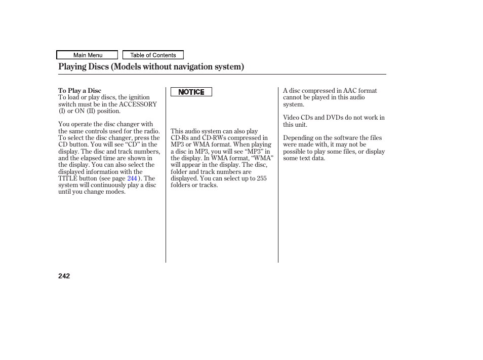 Playing discs (models without navigation system) | Acura 2011 TL User Manual | Page 245 / 614