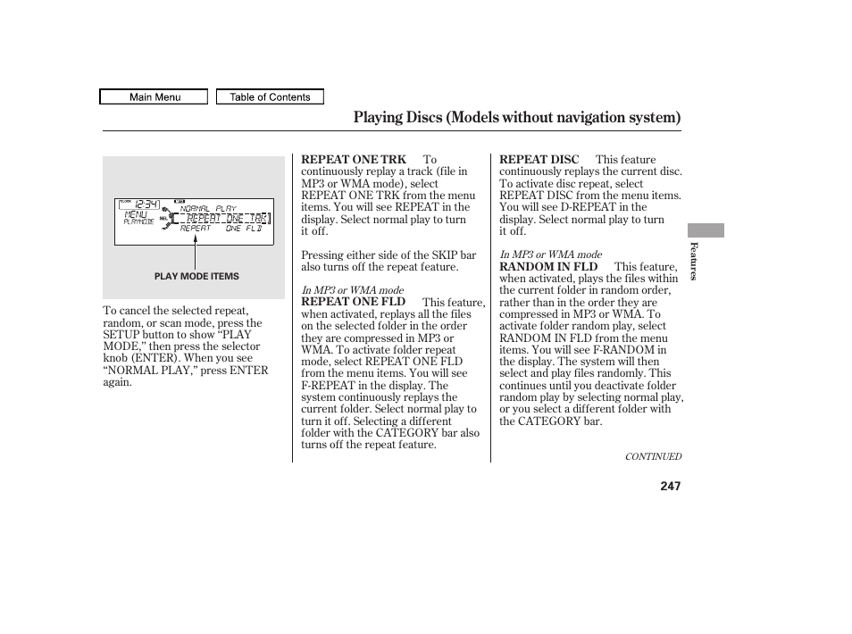 Playing discs (models without navigation system) | Acura 2011 TL User Manual | Page 250 / 614