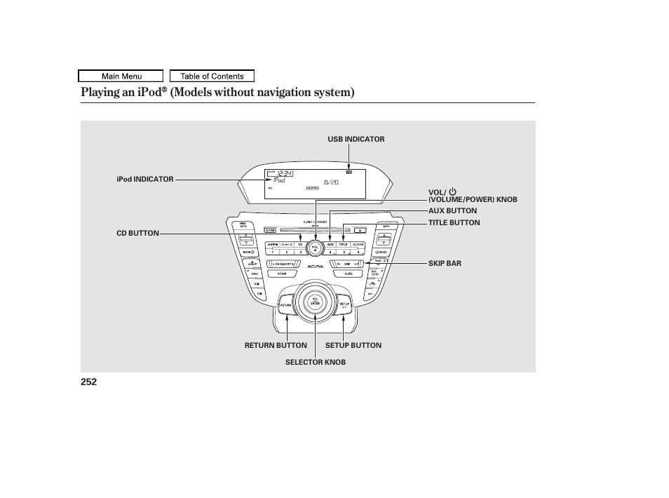 Playing an ipod (models without navigation system), 2011 tl | Acura 2011 TL User Manual | Page 255 / 614