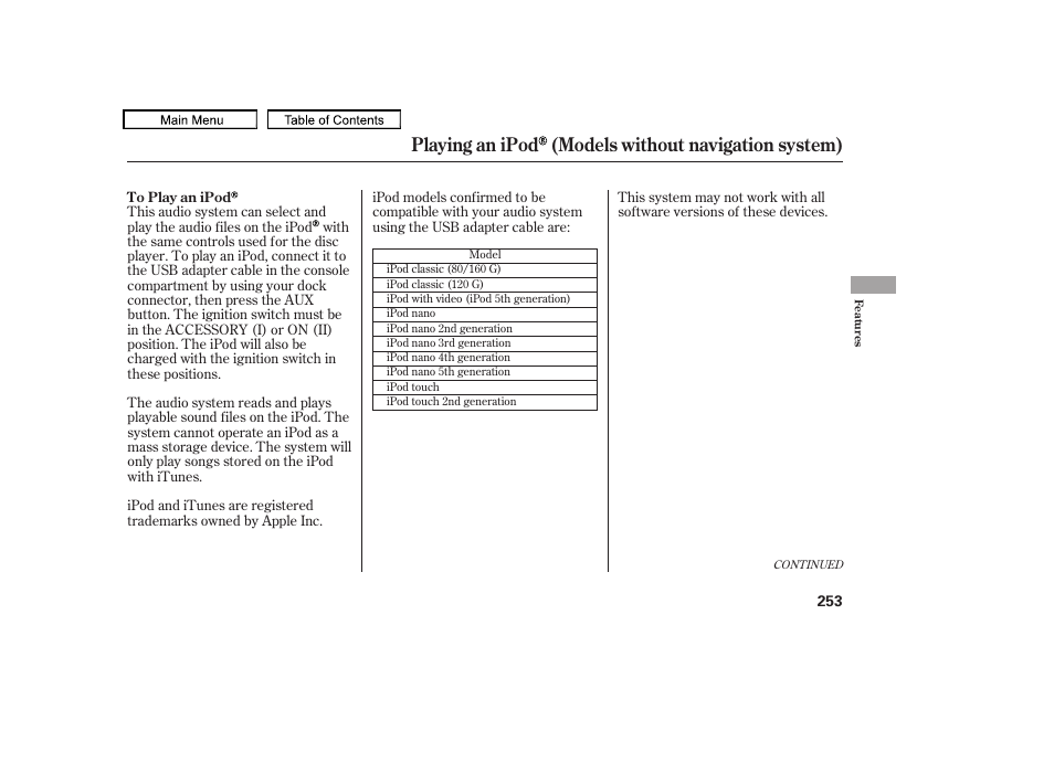 Playing an ipod (models without navigation system) | Acura 2011 TL User Manual | Page 256 / 614