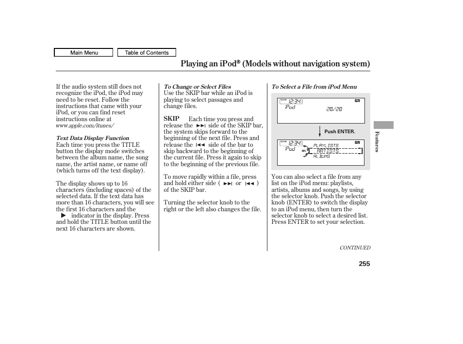 Playing an ipod (models without navigation system) | Acura 2011 TL User Manual | Page 258 / 614