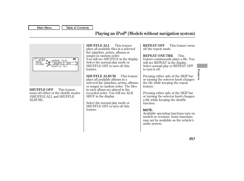 Playing an ipod (models without navigation system) | Acura 2011 TL User Manual | Page 260 / 614