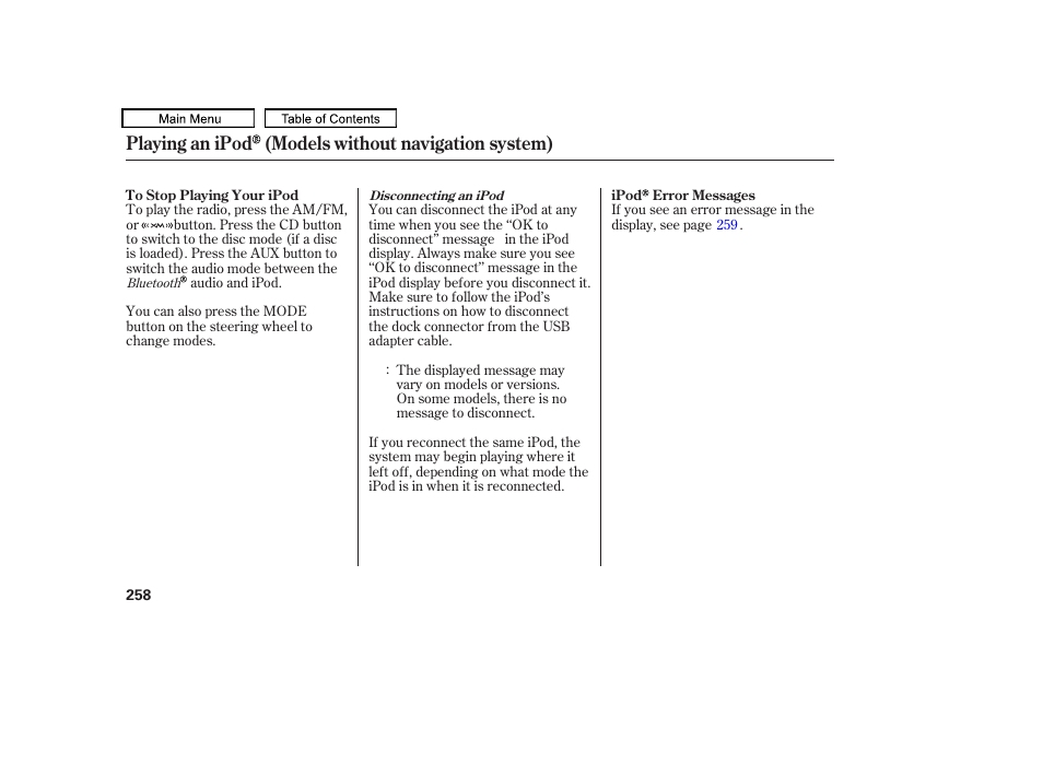 Playing an ipod (models without navigation system) | Acura 2011 TL User Manual | Page 261 / 614