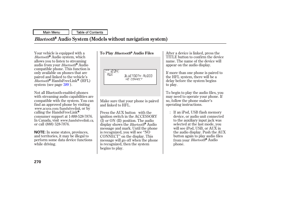 Audio system (models without navigation system), Bluetooth | Acura 2011 TL User Manual | Page 273 / 614