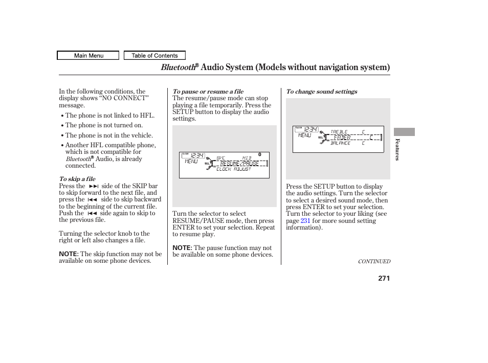 Audio system (models without navigation system), Bluetooth | Acura 2011 TL User Manual | Page 274 / 614