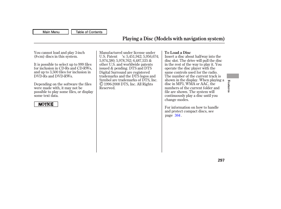 Playing a disc (models with navigation system) | Acura 2011 TL User Manual | Page 300 / 614