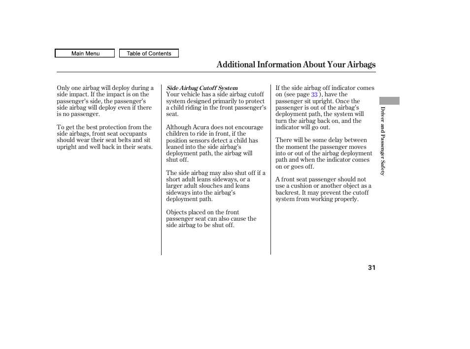 Additional information about your airbags | Acura 2011 TL User Manual | Page 34 / 614