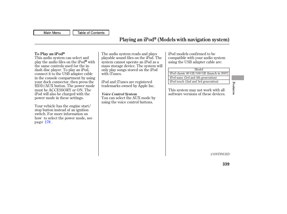 Playing an ipod (models with navigation system) | Acura 2011 TL User Manual | Page 342 / 614