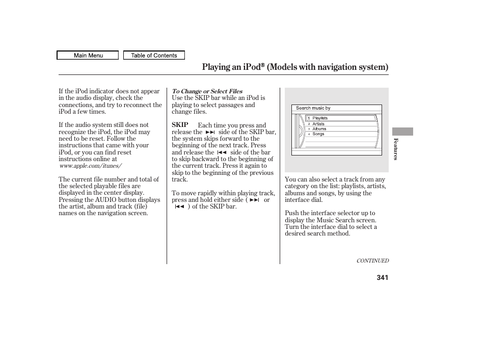 Playing an ipod (models with navigation system) | Acura 2011 TL User Manual | Page 344 / 614
