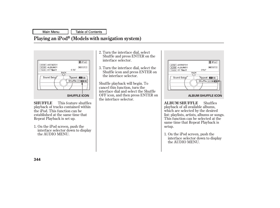 Playing an ipod (models with navigation system) | Acura 2011 TL User Manual | Page 347 / 614