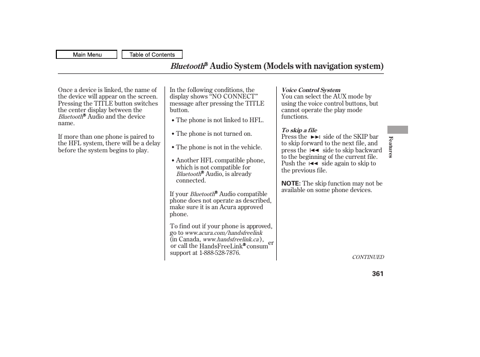 Audio system (models with navigation system), Bluetooth | Acura 2011 TL User Manual | Page 364 / 614