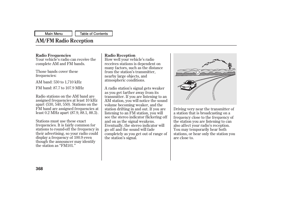 Am/fm radio reception | Acura 2011 TL User Manual | Page 371 / 614