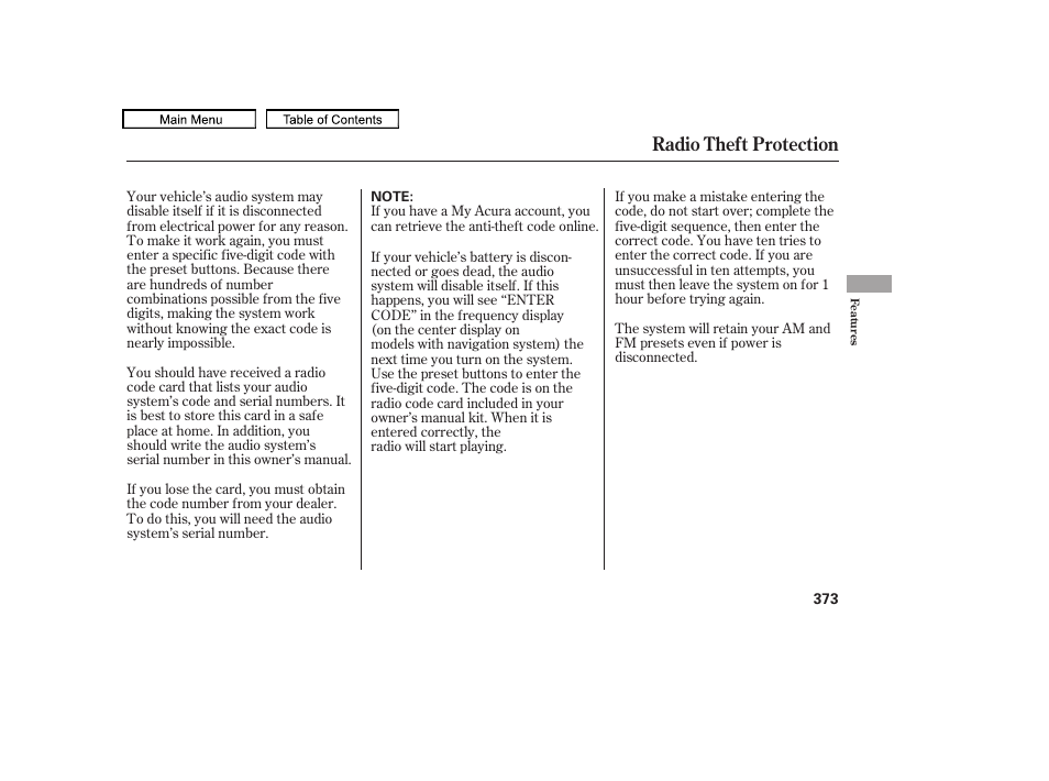 Radio theft protection | Acura 2011 TL User Manual | Page 376 / 614