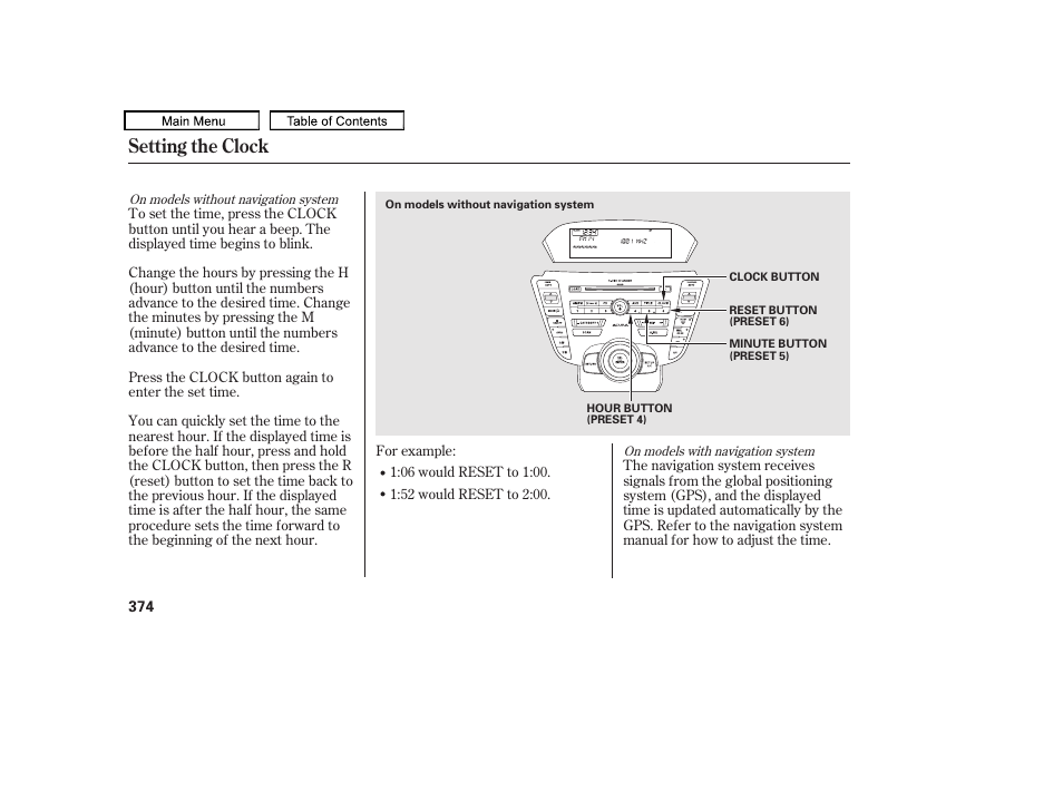 Setting the clock | Acura 2011 TL User Manual | Page 377 / 614