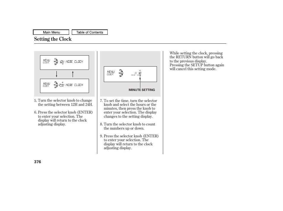 Setting the clock | Acura 2011 TL User Manual | Page 379 / 614