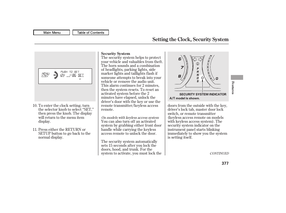 Setting the clock, security system | Acura 2011 TL User Manual | Page 380 / 614