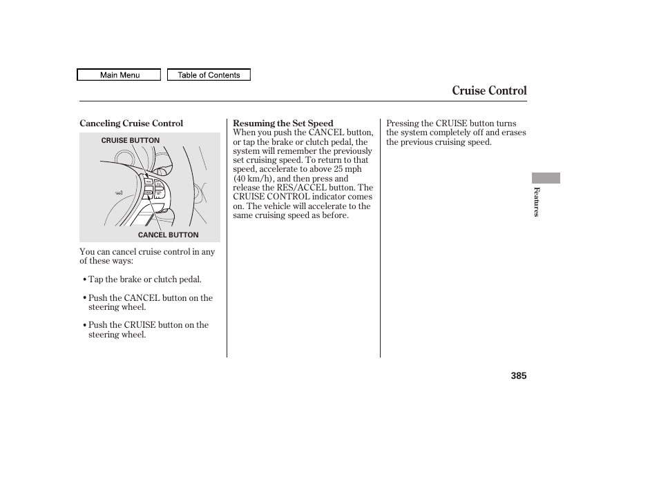 Cruise control | Acura 2011 TL User Manual | Page 388 / 614