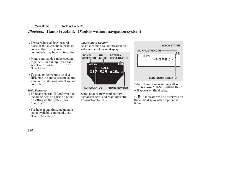 Handsfreelink (models without navigation system), Bluetooth | Acura 2011 TL User Manual | Page 393 / 614