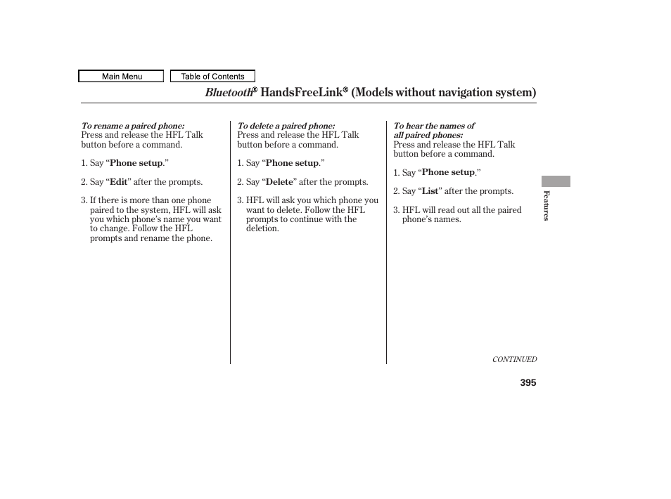 Handsfreelink (models without navigation system), Bluetooth | Acura 2011 TL User Manual | Page 398 / 614