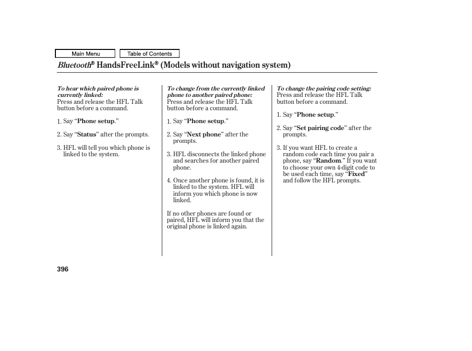 Handsfreelink (models without navigation system), Bluetooth | Acura 2011 TL User Manual | Page 399 / 614