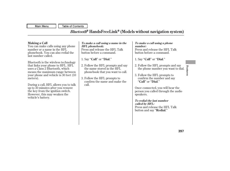 Handsfreelink (models without navigation system), Bluetooth | Acura 2011 TL User Manual | Page 400 / 614