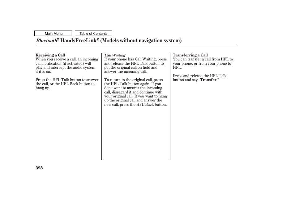 Handsfreelink (models without navigation system) | Acura 2011 TL User Manual | Page 401 / 614