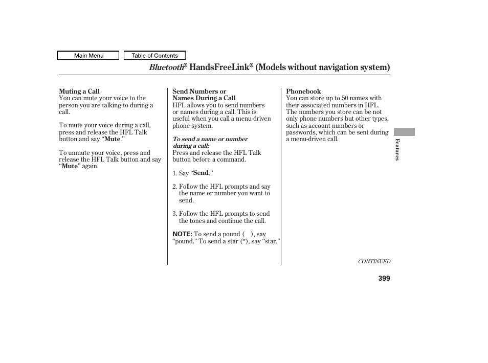 Handsfreelink (models without navigation system), Bluetooth | Acura 2011 TL User Manual | Page 402 / 614