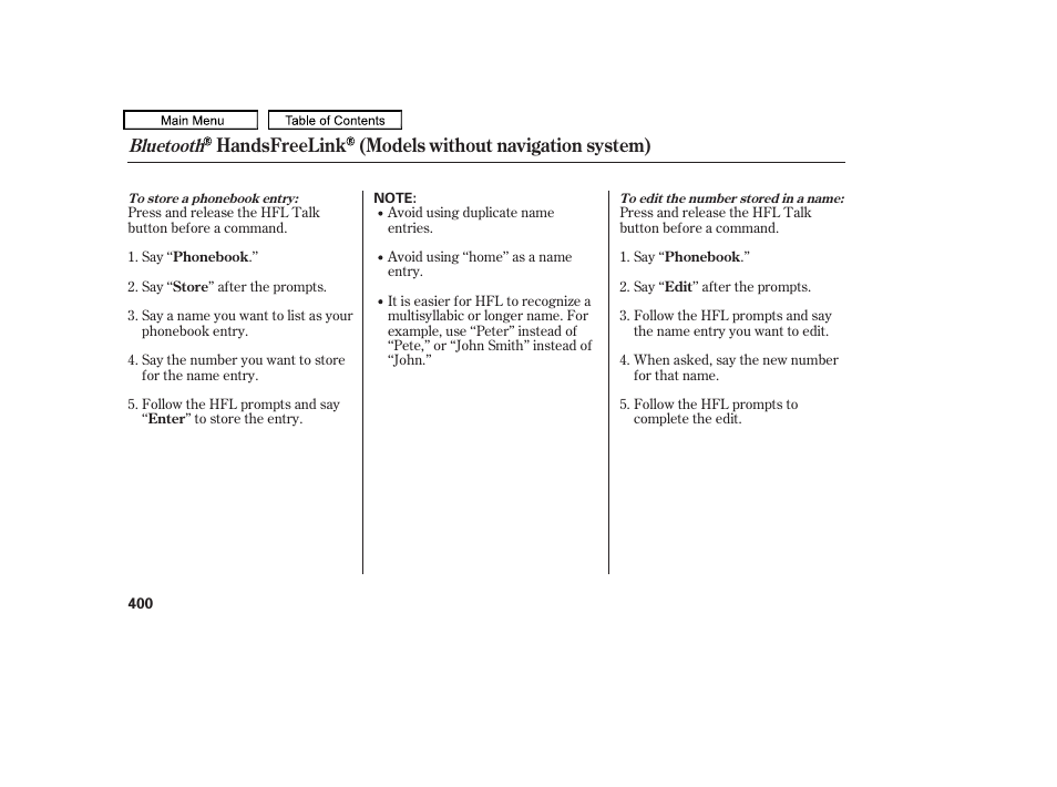 Handsfreelink (models without navigation system), Bluetooth | Acura 2011 TL User Manual | Page 403 / 614