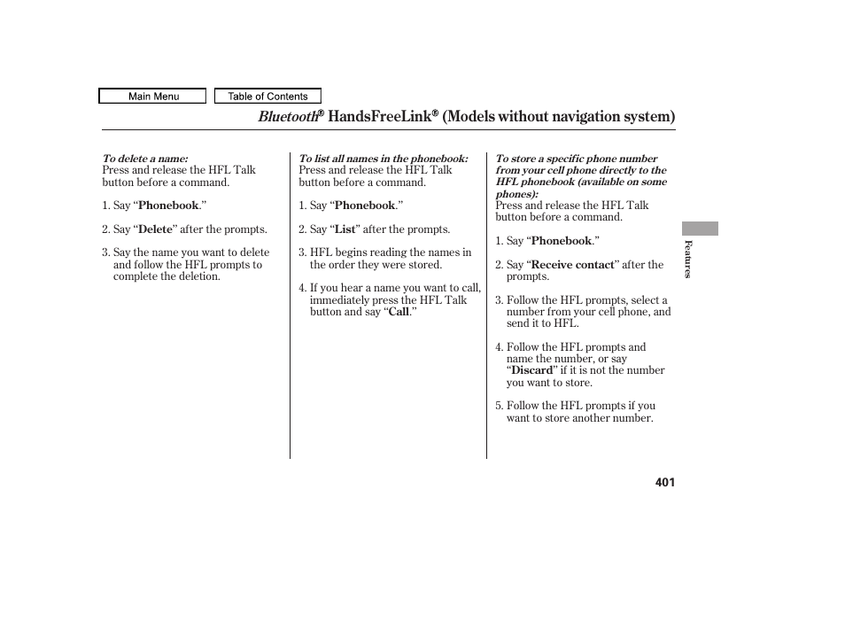 Handsfreelink (models without navigation system), Bluetooth | Acura 2011 TL User Manual | Page 404 / 614