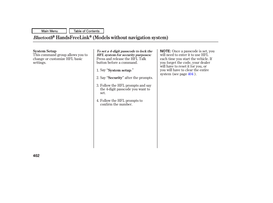 Handsfreelink (models without navigation system), Bluetooth | Acura 2011 TL User Manual | Page 405 / 614