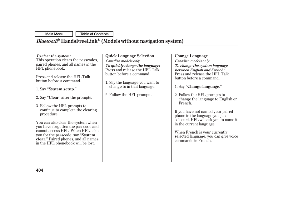 Handsfreelink (models without navigation system), Bluetooth | Acura 2011 TL User Manual | Page 407 / 614