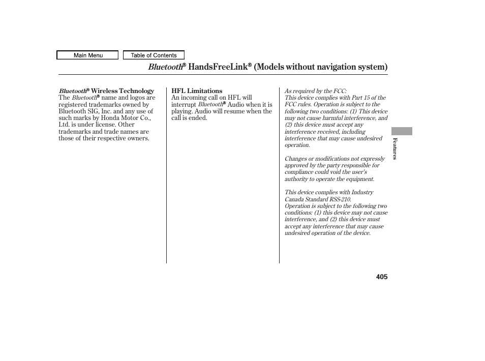 Handsfreelink (models without navigation system), Bluetooth | Acura 2011 TL User Manual | Page 408 / 614