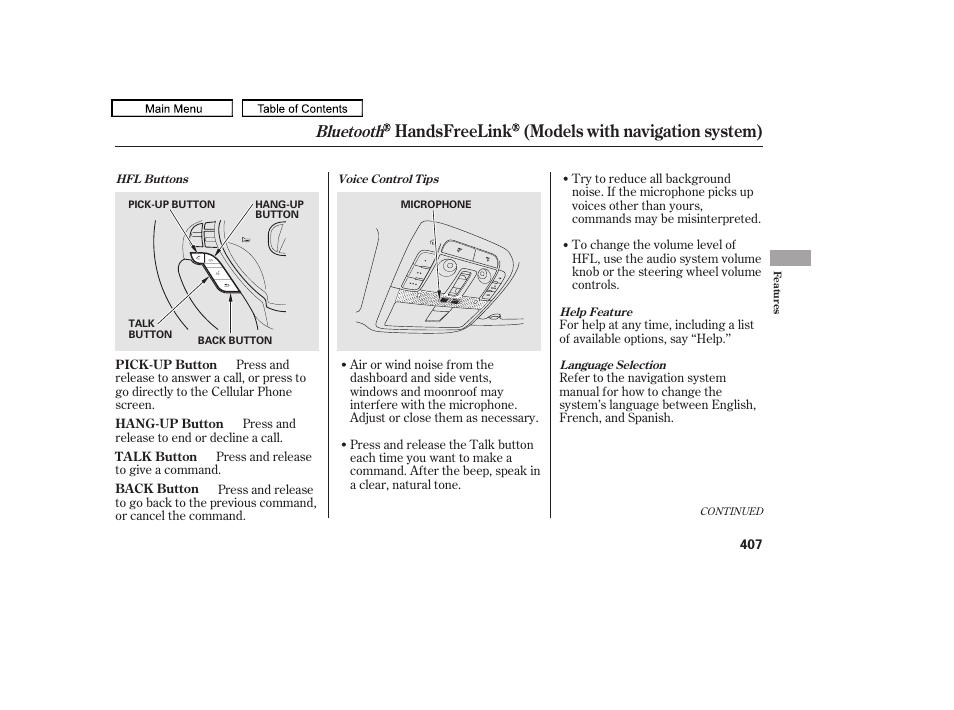 Handsfreelink (models with navigation system), Bluetooth | Acura 2011 TL User Manual | Page 410 / 614