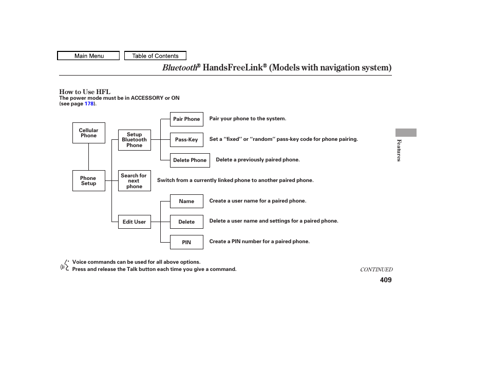 Handsfreelink (models with navigation system), Bluetooth, 2011 tl | Acura 2011 TL User Manual | Page 412 / 614