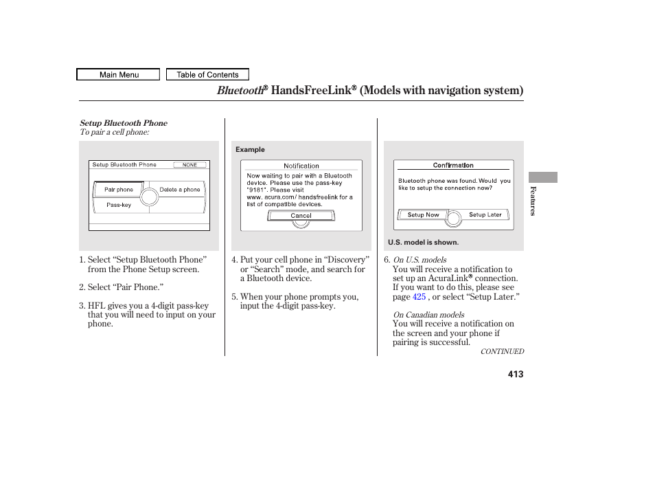 Handsfreelink (models with navigation system), Bluetooth | Acura 2011 TL User Manual | Page 416 / 614