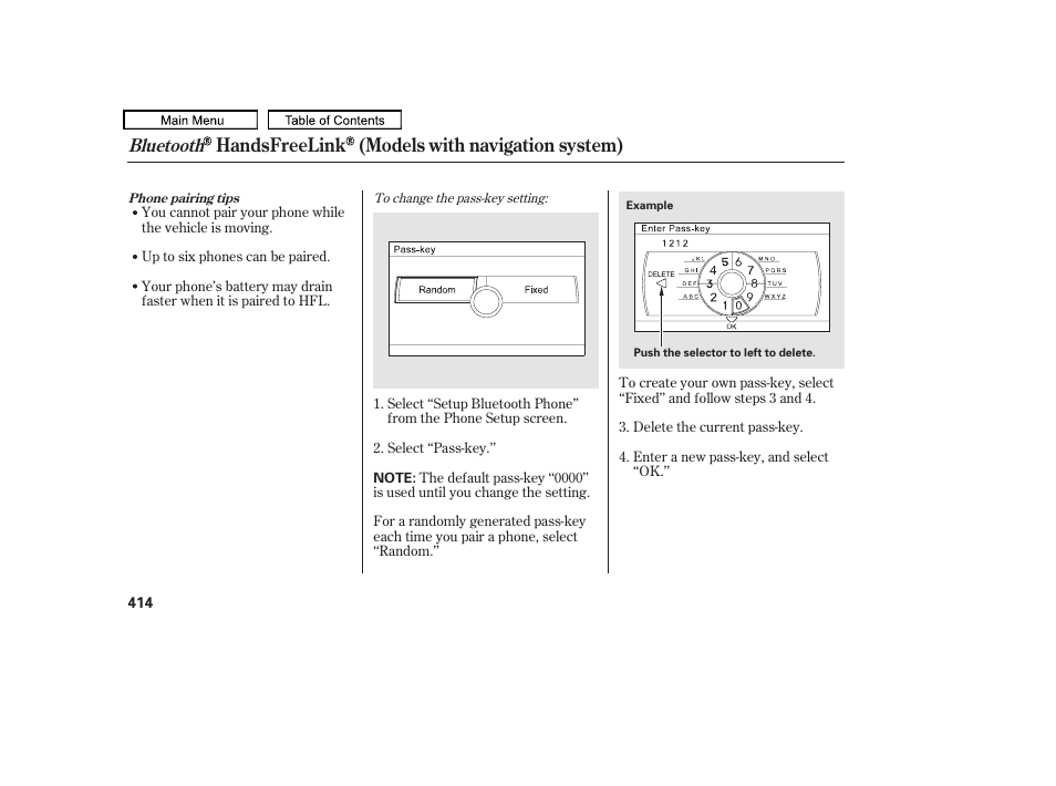 Handsfreelink (models with navigation system), Bluetooth | Acura 2011 TL User Manual | Page 417 / 614