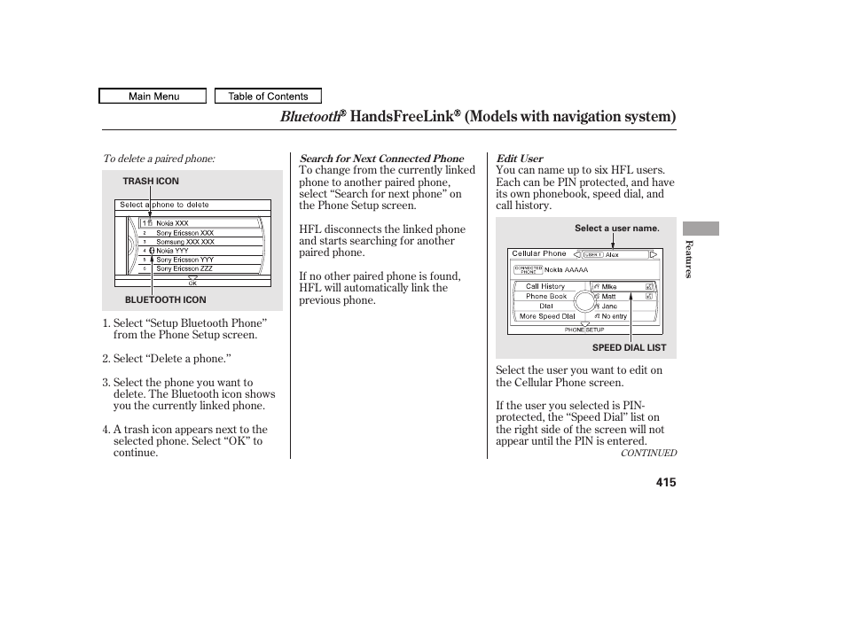 Handsfreelink (models with navigation system), Bluetooth | Acura 2011 TL User Manual | Page 418 / 614