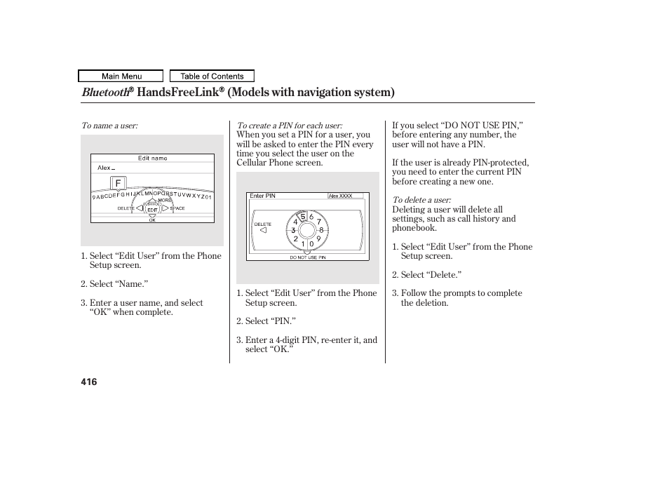 Handsfreelink (models with navigation system), Bluetooth | Acura 2011 TL User Manual | Page 419 / 614