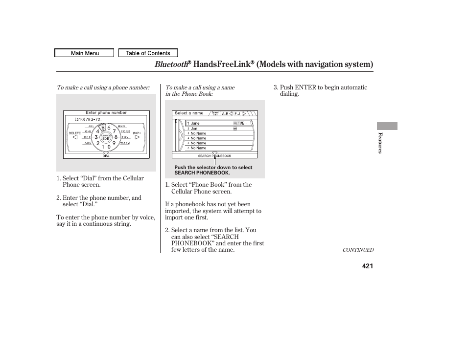 Handsfreelink (models with navigation system), Bluetooth | Acura 2011 TL User Manual | Page 424 / 614