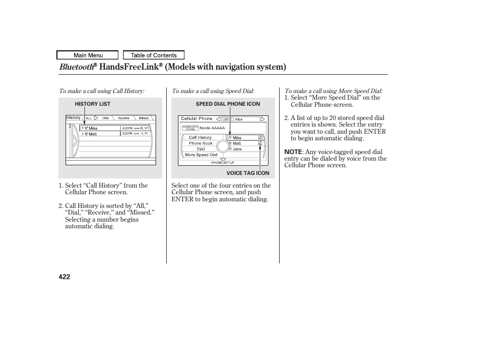 Handsfreelink (models with navigation system), Bluetooth | Acura 2011 TL User Manual | Page 425 / 614