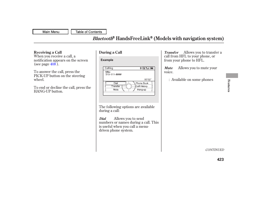 Handsfreelink (models with navigation system), Bluetooth | Acura 2011 TL User Manual | Page 426 / 614