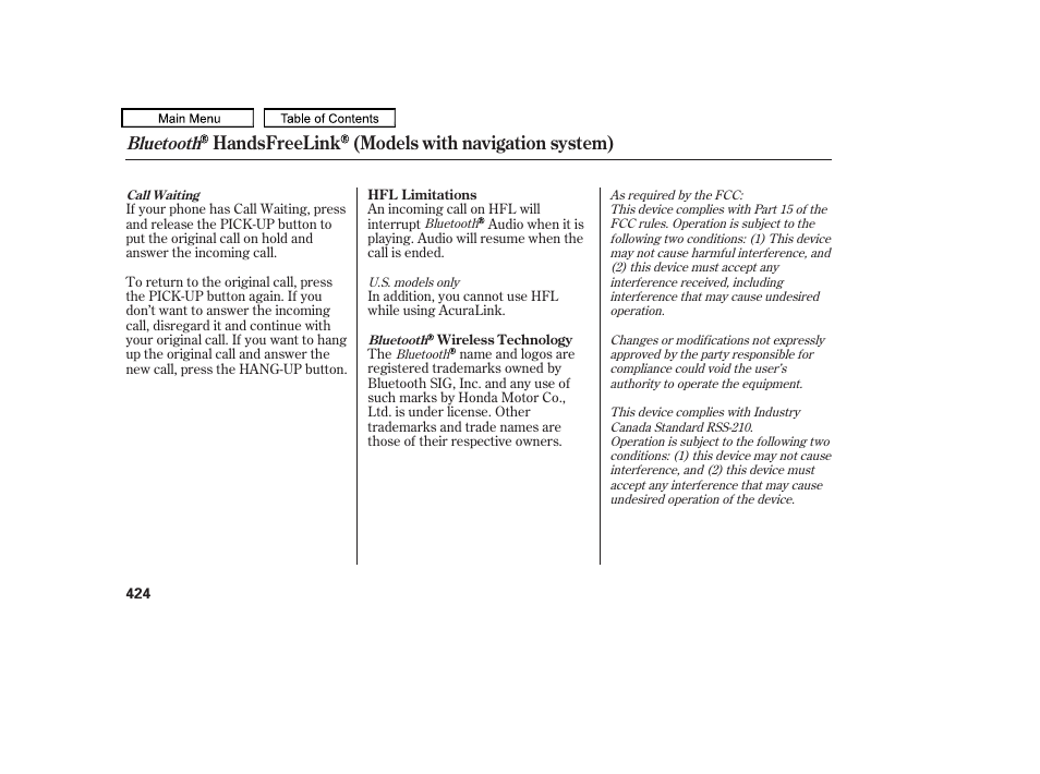 Handsfreelink (models with navigation system), Bluetooth | Acura 2011 TL User Manual | Page 427 / 614