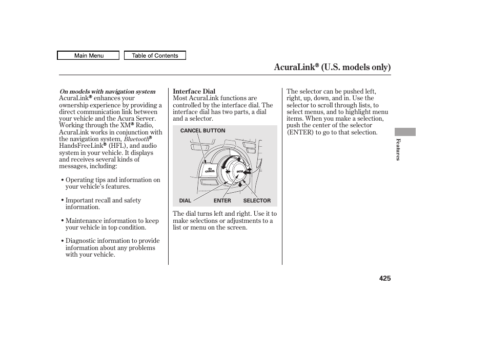 Acuralink (u.s. models only), 2011 tl | Acura 2011 TL User Manual | Page 428 / 614