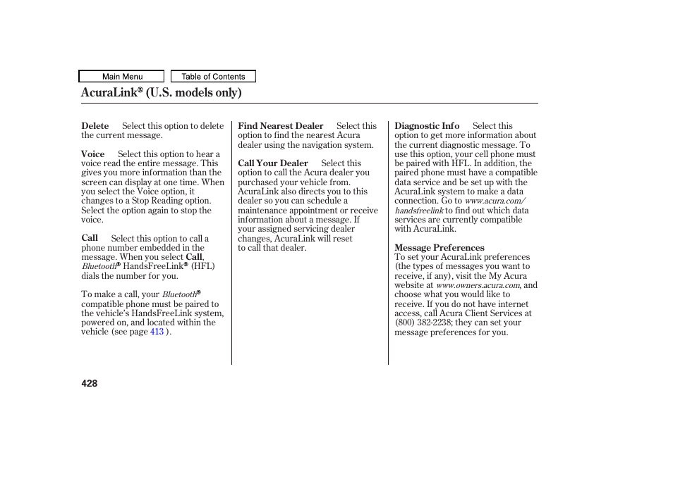 Acuralink (u.s. models only) | Acura 2011 TL User Manual | Page 431 / 614